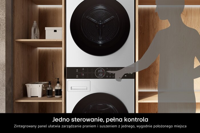 Panel sterowania Center Control w LG WashTower WT1210WWF umożliwiający obsługę pralki i suszarki z jednego centralnego miejsca.