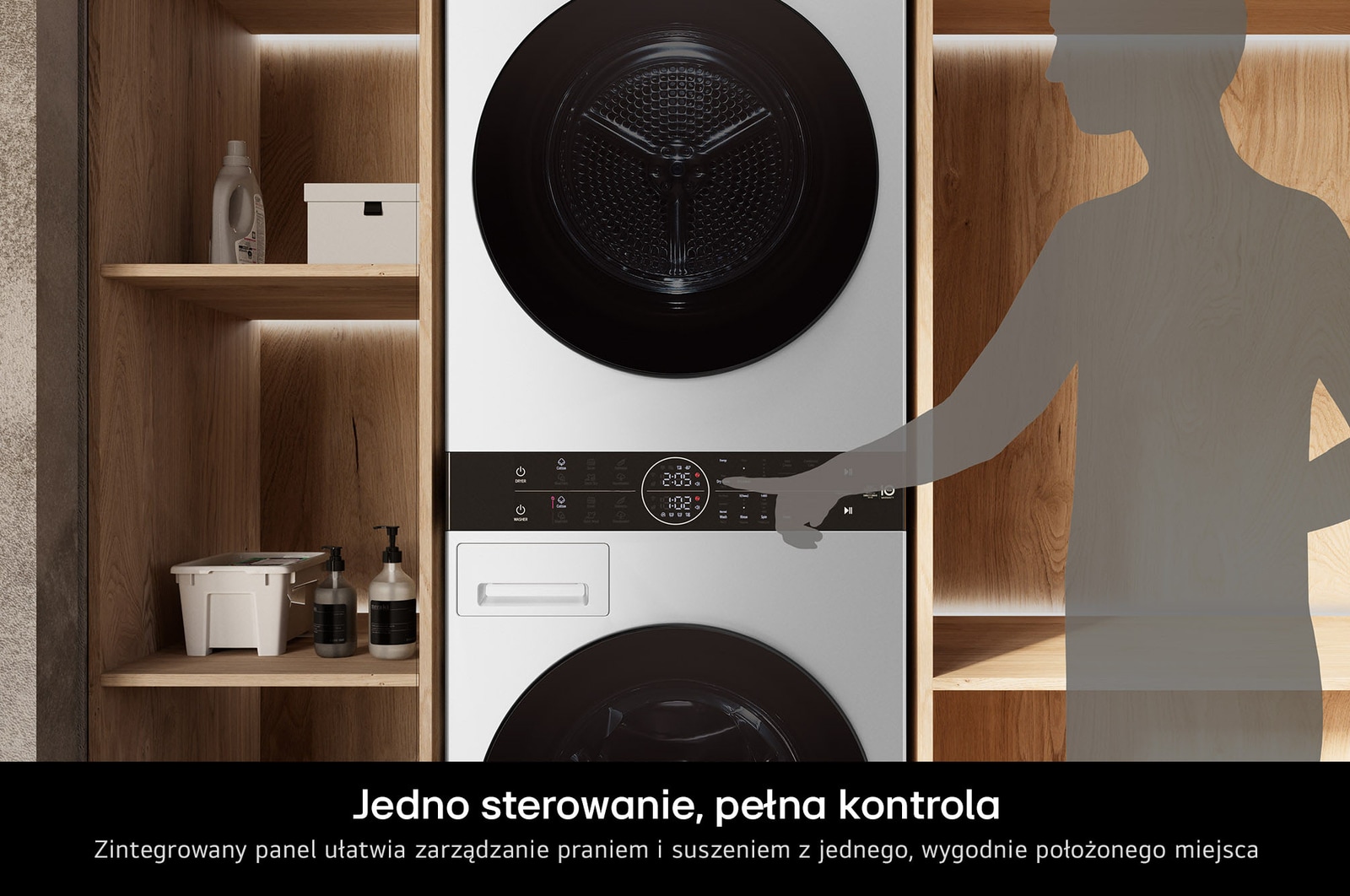 Panel sterowania Center Control w LG WashTower WT1210WWF umożliwiający obsługę pralki i suszarki z jednego centralnego miejsca.