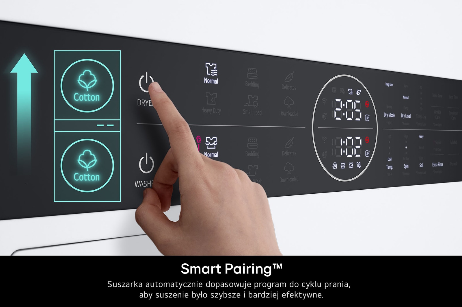Funkcja Smart Pairing w LG WashTower WT1210WWF, która automatycznie synchronizuje cykl suszenia z programem prania.