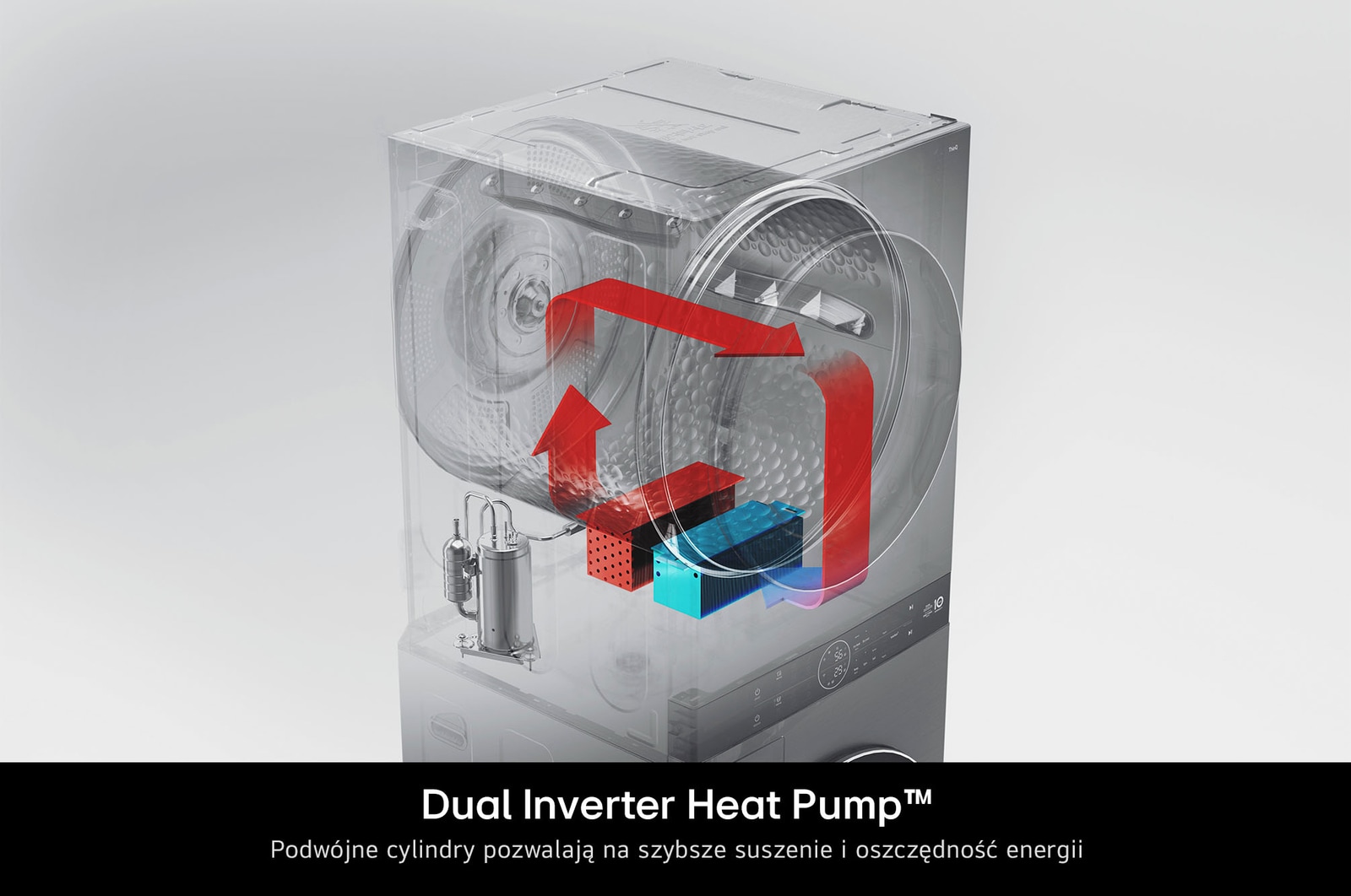 Technologia pompy ciepła Dual Inverter w LG WashTower WT1210WWF zapewniająca energooszczędne i delikatne suszenie ubrań.