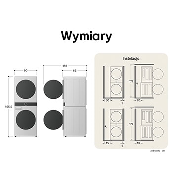 Schemat techniczny LG WashTower WT1210WWF przedstawiający wysokość 165,5 cm, szerokość 60 cm i głębokość 66 cm.