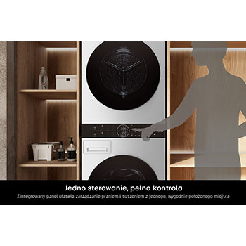 Panel sterowania Center Control w LG WashTower WT1210WWF umożliwiający obsługę pralki i suszarki z jednego centralnego miejsca.