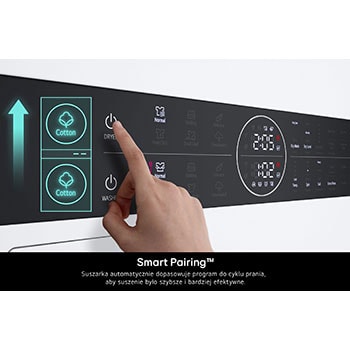 Funkcja Smart Pairing w LG WashTower WT1210WWF, która automatycznie synchronizuje cykl suszenia z programem prania.