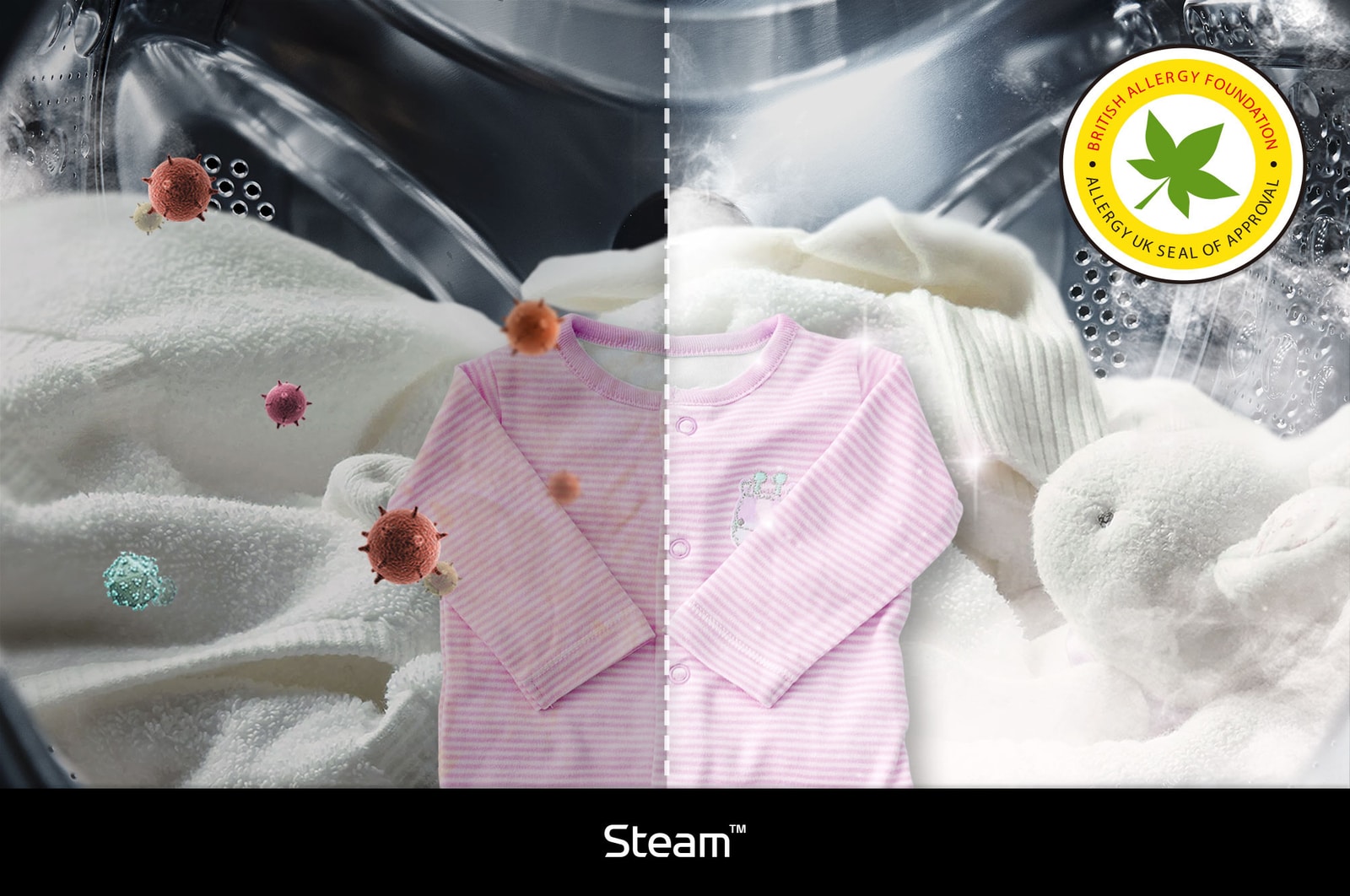 Technologia LG Steam™ w pralce F2W8S506W, pokazująca jej skuteczność w redENcji alergenów, certyfikowana przez BAF.