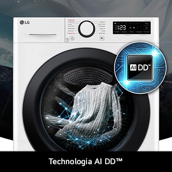 Pralka LG F2W8S506W 8kg w kolorze białym, wyposażona w technologię AI DD®, która inteligentnie wykrywa rodzaj tkaniny, aby zapewnić optymalną pielęgnację.
