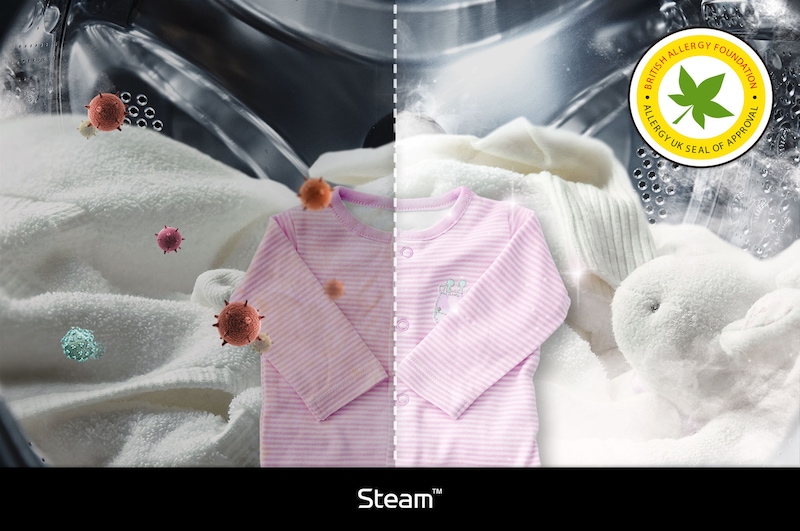 Pralka LG F2W8S501W z funkcją Steam™, redukującą alergeny i dbającą o higieniczne pranie tkanin, przedstawiona na tle pary i delikatnych ubrań.