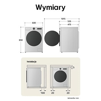 Wymiary pralki LG F2W8S501W przedstawione z widokiem z przodu i z boku (600 × 850 × 475 mm), wraz z rekomendowaną przestrzenią instalacyjną dla prawidłowej wentylacji.