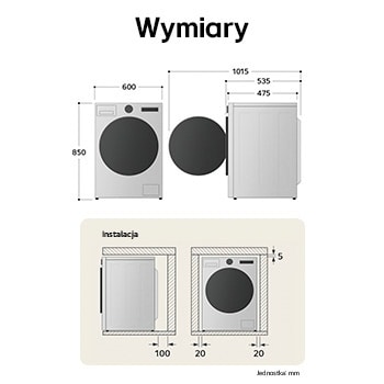 Wymiary pralki LG F2W8S722W przedstawione z widokiem z przodu i z boku (600 × 850 × 475 mm), wraz z rekomendowaną przestrzenią instalacyjną dla prawidłowej wentylacji.