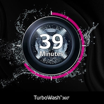 Grafika pralki LG F4W1175YE prezentująca funkcję TurboWash™ 360°, umożliwiającą szybkie pranie w 39 minut dzięki wielokierunkowym strumieniom wody.