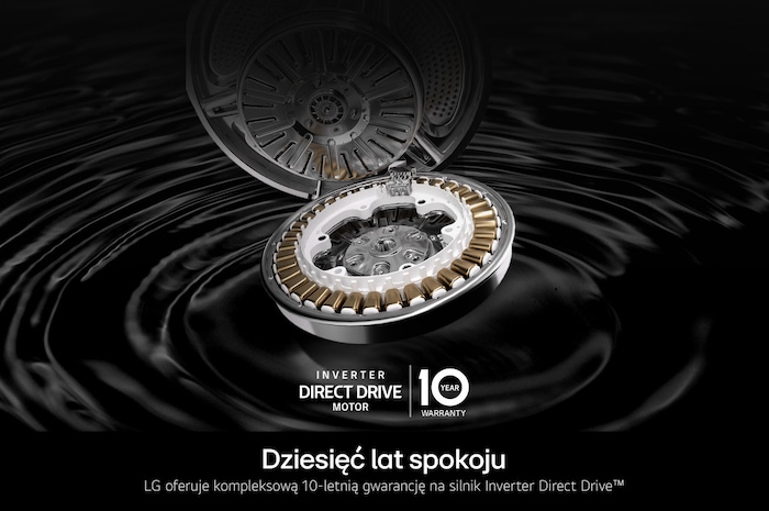 Zbliżenie na silnik Inverter Direct Drive™ w pralce LG F4X1008NWH 8kg, podkreślający jego trwałą konstrukcję i 10-letnią gwarancję.