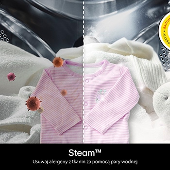 Technologia LG Steam™ w pralce F4X1008NWH, pokazująca jej skuteczność w redukcji alergenów, certyfikowana przez BAF.