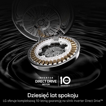 Zbliżenie na silnik Inverter Direct Drive™ w pralce LG F4X1008NWH 8kg, podkreślający jego trwałą konstrukcję i 10-letnią gwarancję.