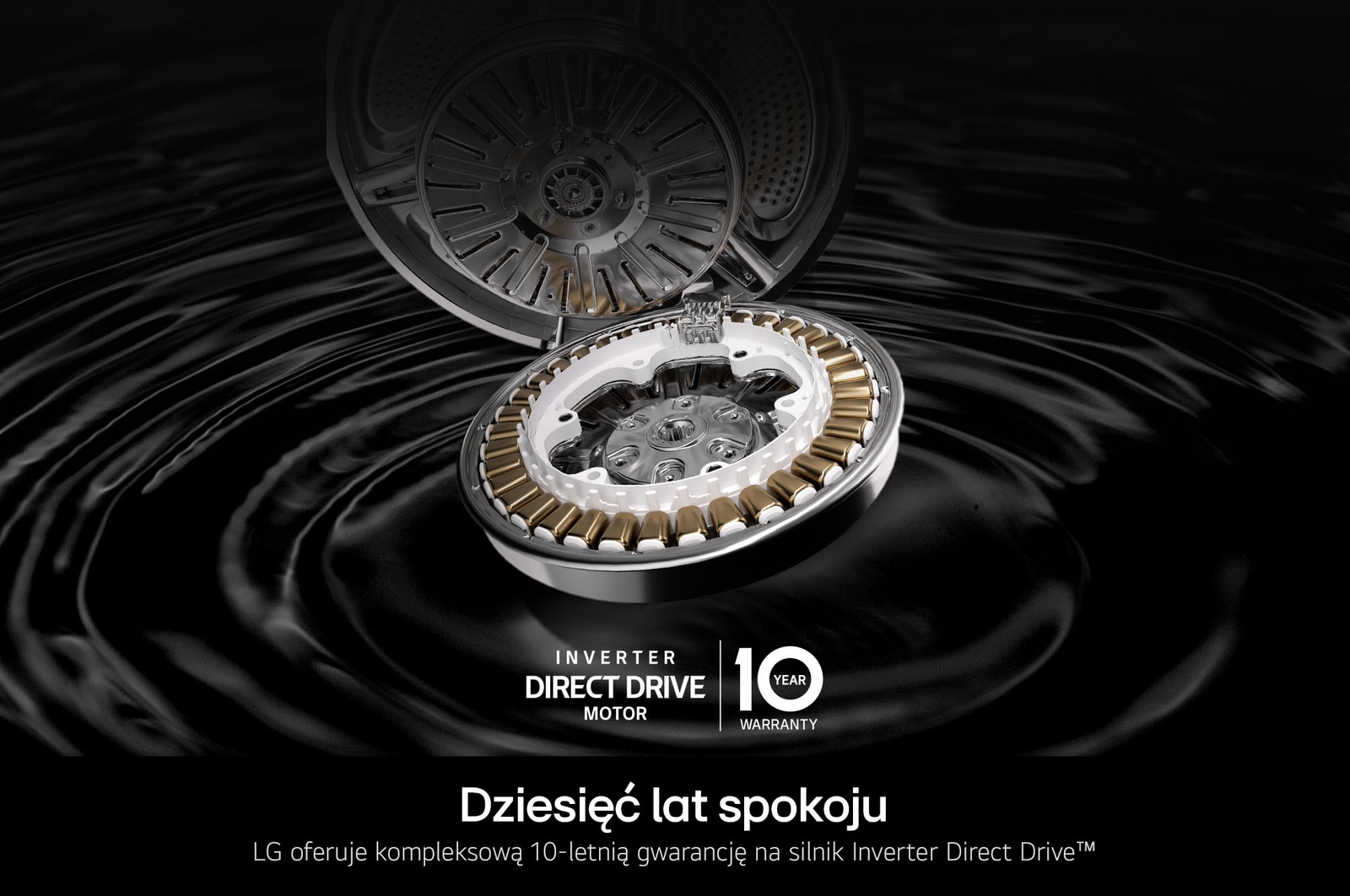 Zbliżenie na silnik Inverter Direct Drive™ w pralce LG F4X1009NWB 9kg, podkreślający jego trwałą konstrukcję i 10-letnią gwarancję.