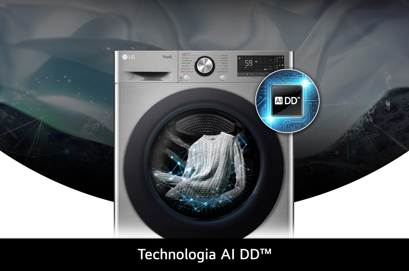 Pralka LG MF2W9S72YP z technologią AI DD™, która rozpoznaje rodzaj tkanin i dobiera optymalne ruchy prania dla skuteczności i ochrony odzieży.