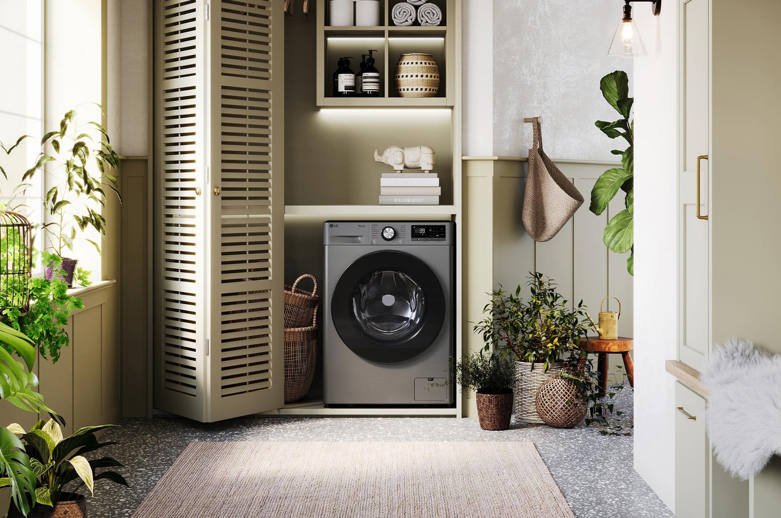 Nowoczesna pralka LG MF2W9S72YP wkomponowana w jasne, domowe wnętrze, prezentująca elegancki front i funkcjonalny design ułatwiający codzienne pranie.