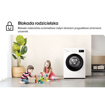Funkcja blokady rodzicielskiej w pralce LG F4A1009NWK przedstawiona obok bawiących się dzieci w domowym wnętrzu.