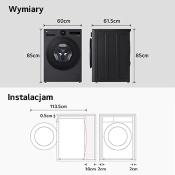Rysunek techniczny pralki LG : szer. 600, wys. 850, gł. 615 mm (otwarte 1135 mm), z odstępami montażowymi. 