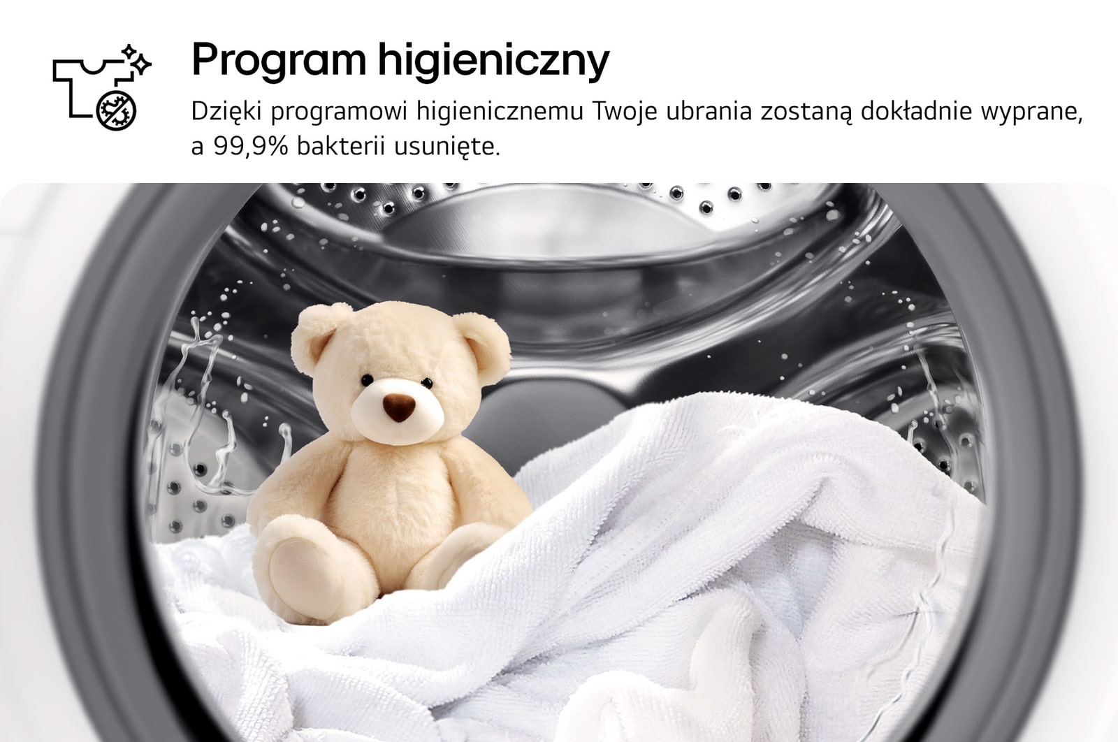 Program higieniczny pralki LG F4A10S7NWK pokazany na przykładzie prania pluszowej zabawki i białych tkanin wewnątrz bębna.