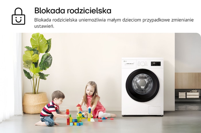 Funkcja blokady rodzicielskiej w pralce LG F4A10S7NWK przedstawiona obok bawiących się dzieci w domowym wnętrzu.