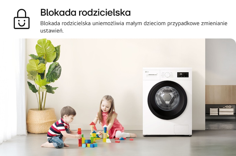 Funkcja blokady rodzicielskiej w pralce LG F4A10S7NWK przedstawiona obok bawiących się dzieci w domowym wnętrzu.