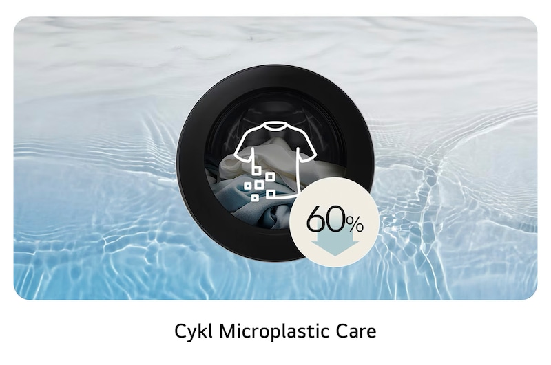 Cykl Microplastic Care w pralce LG F2X50S9THB zmniejsza uwalnianie mikroplastików o 60%, chroniąc tkaniny i środowisko.
