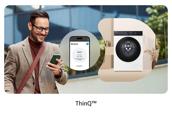 Inteligentne sterowanie pralką LG F2X50S9THB z aplikacją ThinQ™, umożliwiające zdalne monitorowanie i ustawianie cykli prania.