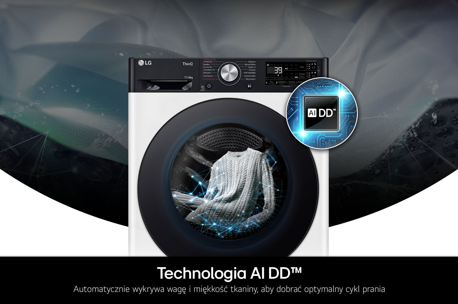 Technologia AI DD w pralko-suszarce 11/6 kg LG F4D1675YW dobierająca optymalne ruchy piorące dla ochrony tkanin.