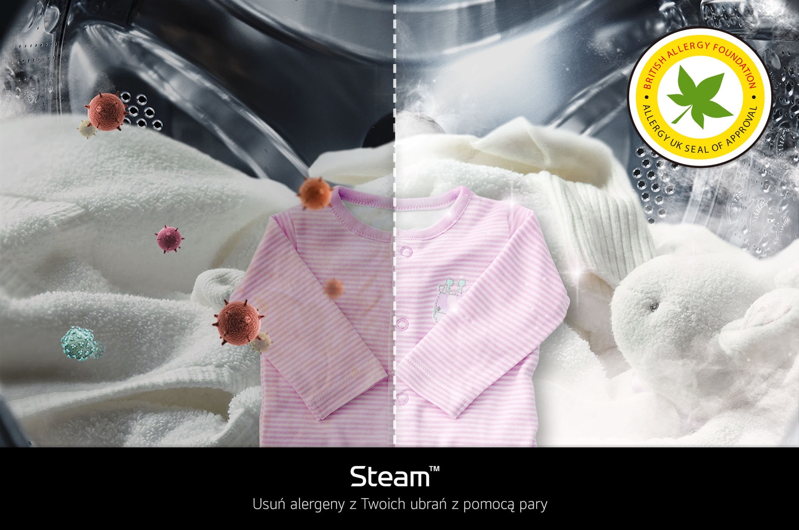 Technologia parowa Steam w pralko-suszarce LG F4D1675YW usuwająca alergeny, certyfikowana przez British Allergy Foundation.