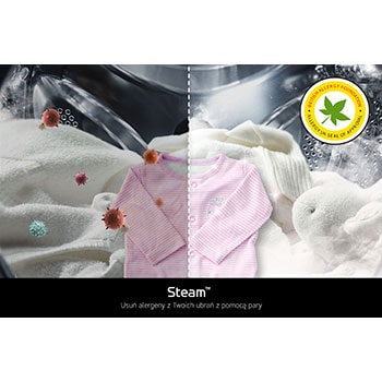 Technologia parowa Steam w pralko-suszarce LG F4D1675YW usuwająca alergeny, certyfikowana przez British Allergy Foundation.