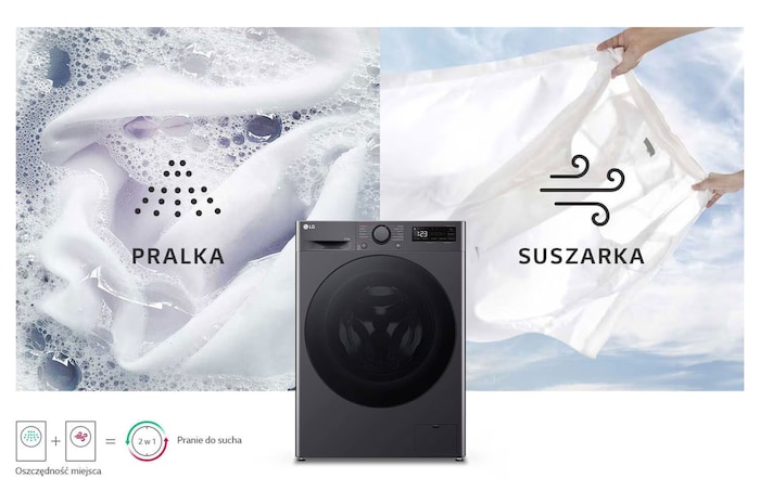 Pralko-suszarka Slim LG F2D9550YJ jako urządzenie 2w1, łączące wydajne pranie i suszenie dla oszczędności miejsca.