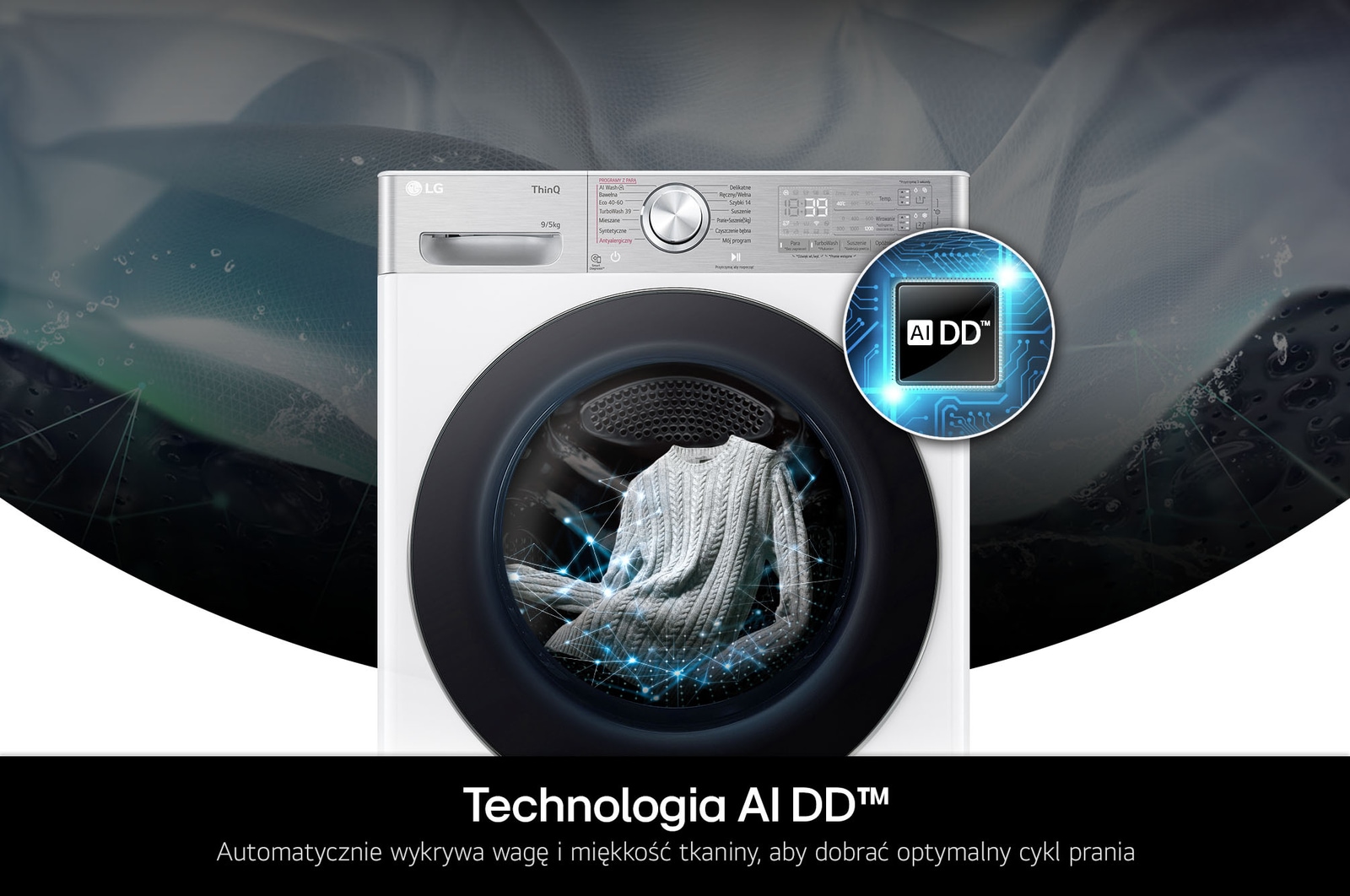 Technologia AI DD w pralko-suszarce Slim 9/5 kg LG F2D95902W dobierająca optymalne ruchy bębna dla ochrony tkanin.