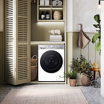 Biała pralko-suszarka Slim LG F2D95902W z czarnymi drzwiami, elegancko wkomponowana w nowoczesną przestrzeń pralni.