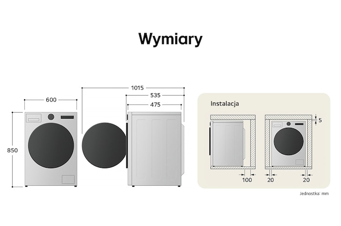 Schemat techniczny pralko-suszarki Slim LG F2D9552YW przedstawiający głębokość 475 mm, idealną do mniejszych pomieszczeń.