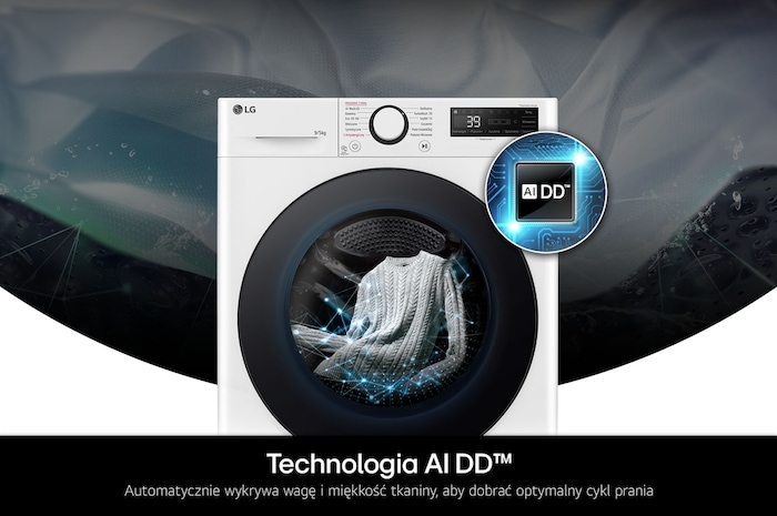 Technologia AI DD w pralko-suszarce Slim 9/5 kg LG F2D9552YW dobierająca optymalne ruchy bębna dla ochrony tkanin.