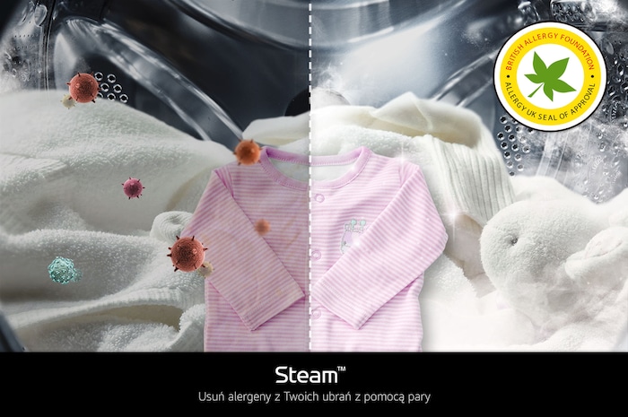 Technologia parowa Steam w pralko-suszarce LG F2D9552YW usuwająca alergeny, certyfikowana przez British Allergy Foundation.
