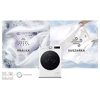 Pralko-suszarka Slim LG F2D9552YW jako urządzenie 2w1, łączące wydajne pranie i suszenie dla oszczędności miejsca.