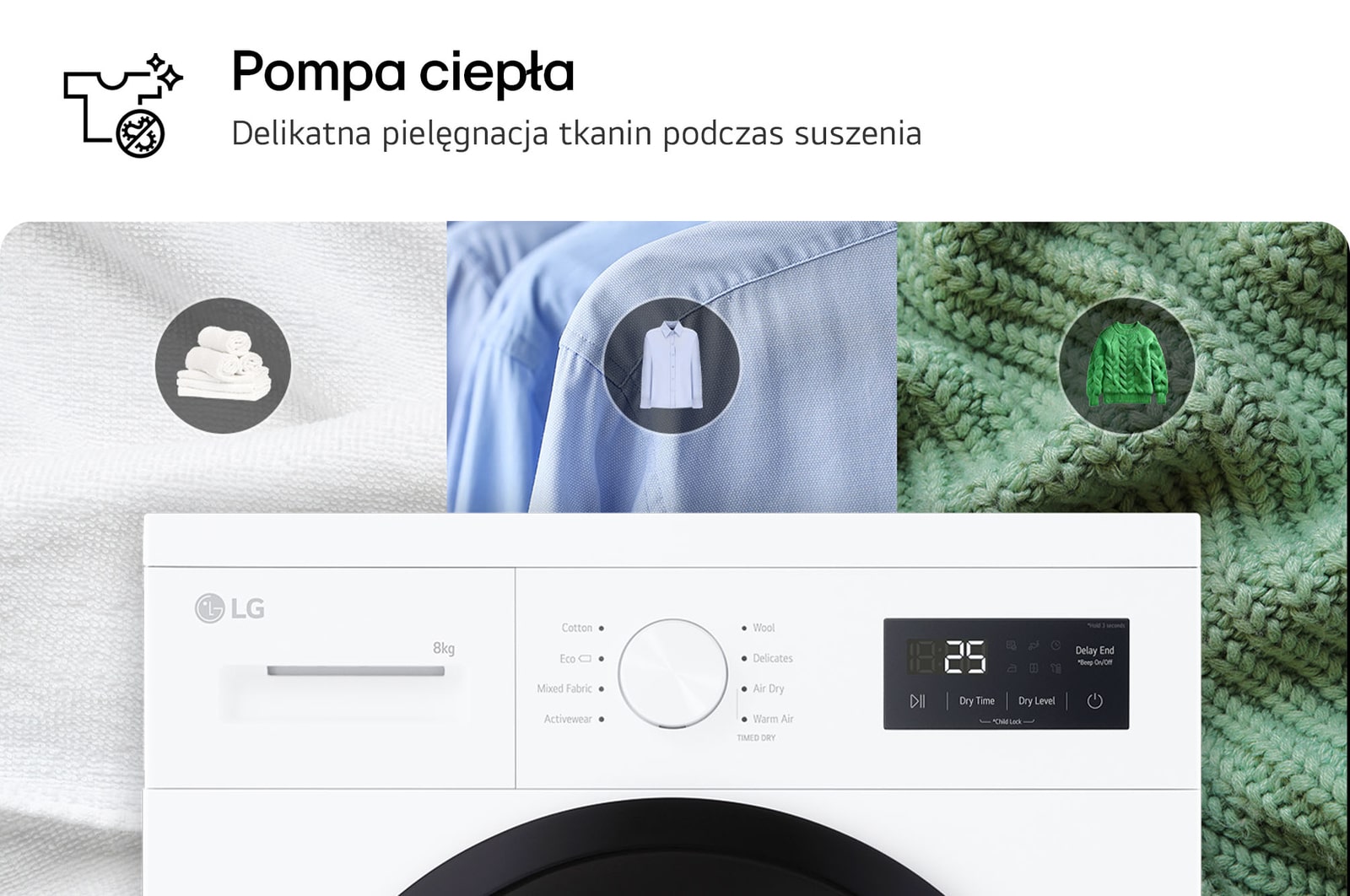Technologia pompy ciepła w suszarce 8 kg LG RHA1008NWK zapewniająca delikatną pielęgnację tkanin i energooszczędność.