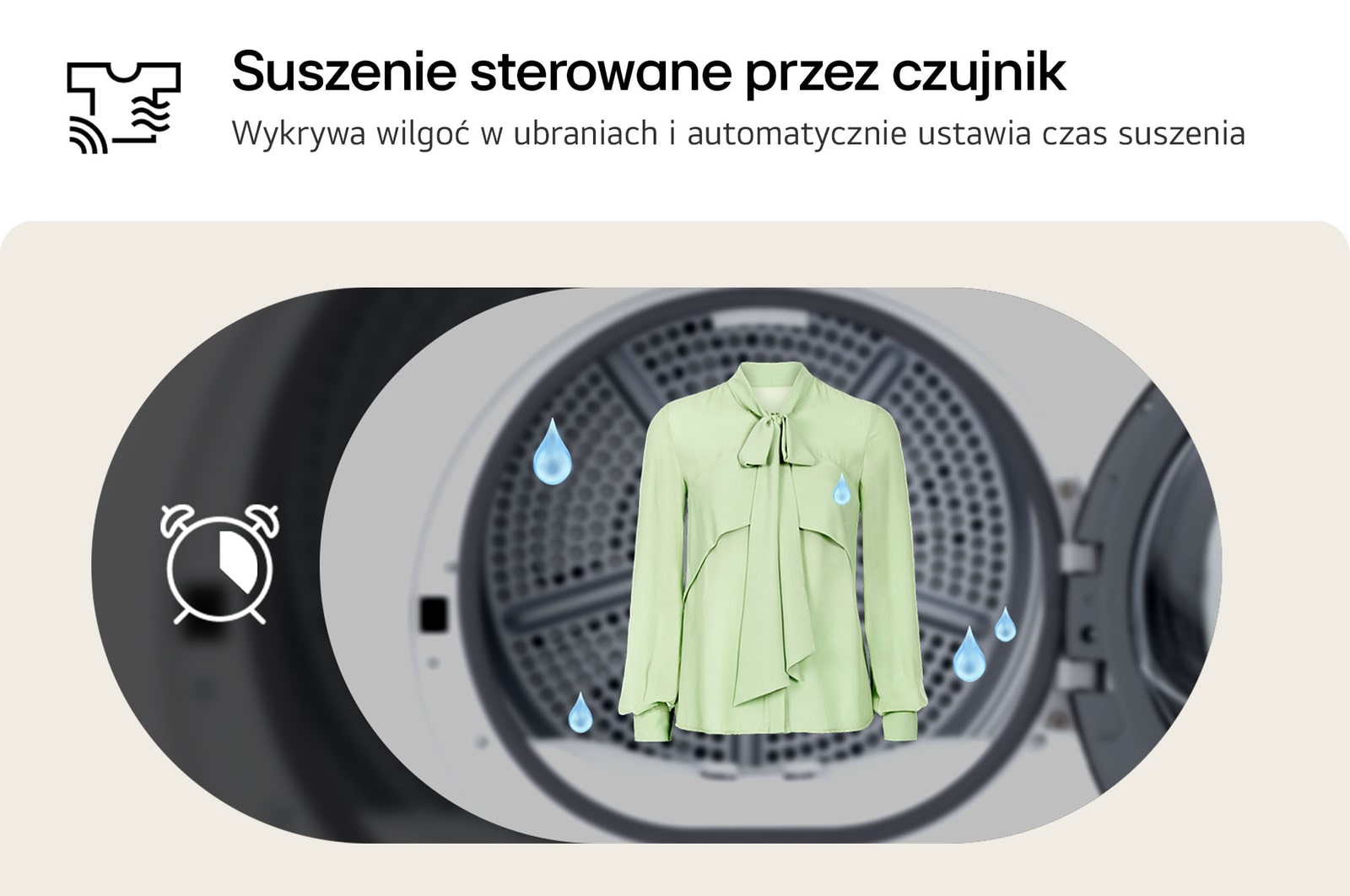 Funkcja suszenia sterowanego czujnikiem w suszarce LG RHA1008NWK, która automatycznie dostosowuje czas do wilgotności ubrań.