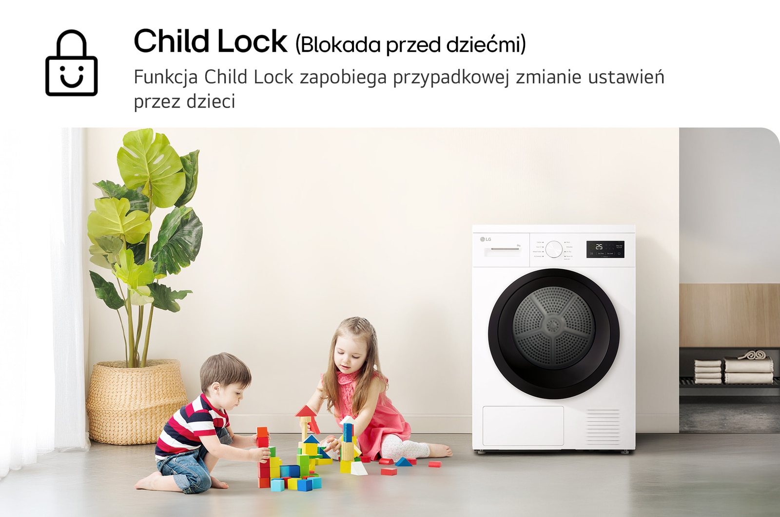 Funkcja blokady przed dziećmi (Child Lock) w suszarce LG RHA1008NWK zapobiegająca przypadkowej zmianie ustawień przez najmłodszych.