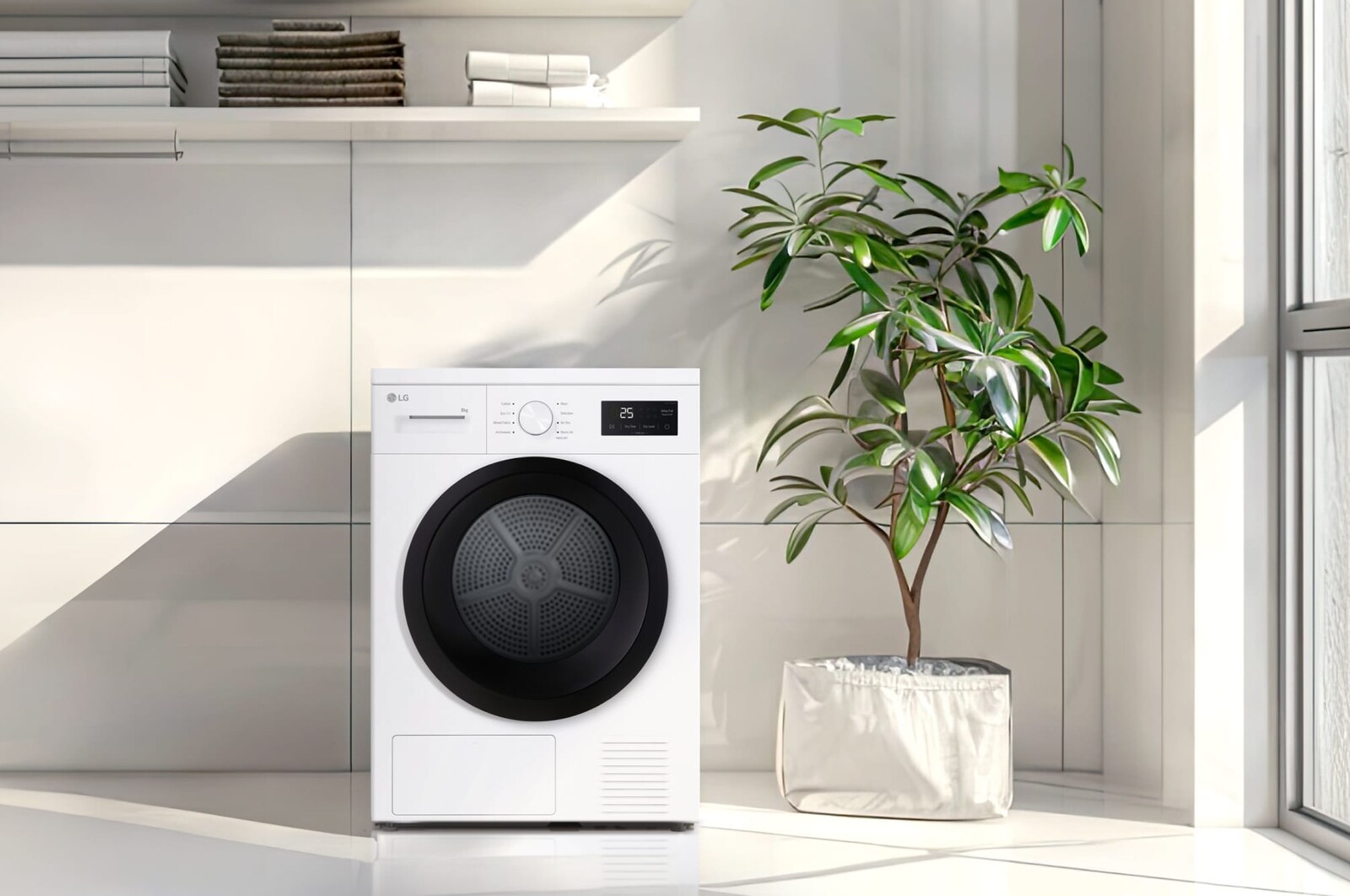 Biała suszarka 8 kg LG RHA1008NWK z czarnymi drzwiami, ustawiona w nowoczesnym, jasnym pomieszczeniu z rośliną.