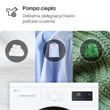 Technologia pompy ciepła w suszarce 8 kg LG RHA1008NWK zapewniająca delikatną pielęgnację tkanin i energooszczędność.