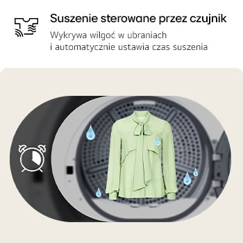 Funkcja suszenia sterowanego czujnikiem w suszarce LG RHA1008NWK, która automatycznie dostosowuje czas do wilgotności ubrań.