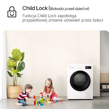 Funkcja blokady przed dziećmi (Child Lock) w suszarce LG RHA1008NWK zapobiegająca przypadkowej zmianie ustawień przez najmłodszych.