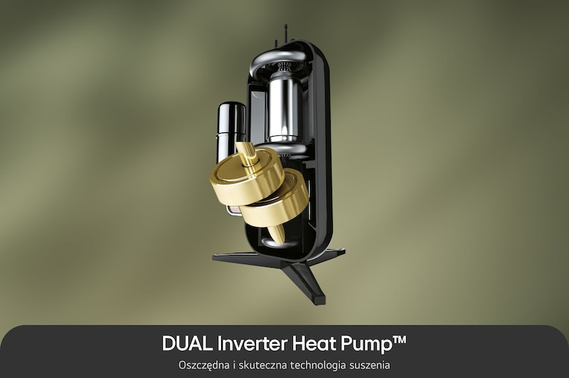 Technologia Dual Inverter Heat Pump w suszarce 9 kg LG RC90V9PV2N zapewniająca oszczędne i skuteczne suszenie.