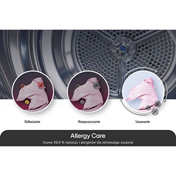 Program Allergy Care w suszarce LG RC90V9PV2N usuwający 99,9% roztoczy i alergenów dla zdrowszego suszenia.