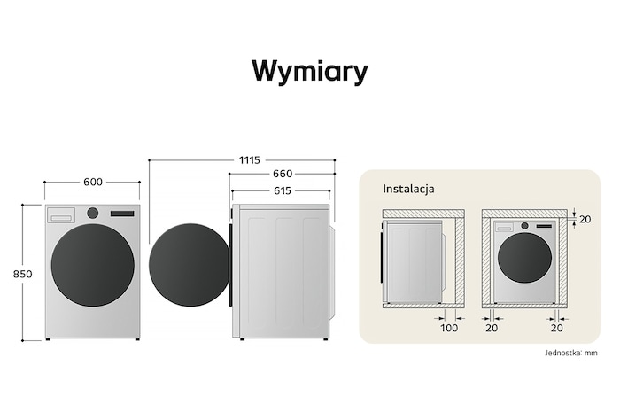 Schemat techniczny suszarki 9 kg LG RC90V9AV4N przedstawiający wysokość 850 mm, szerokość 600 mm i głębokość 660 mm.