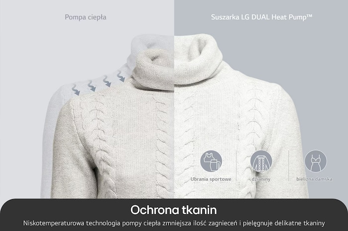 Ochrona tkanin w suszarce LG RC80V9AV3N dzięki niskotemperaturowej technologii pompy ciepła, która zmniejsza zagniecenia.