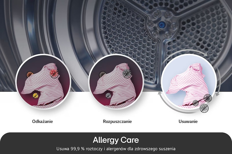 Program Allergy Care w suszarce LG RC10V9PV2W usuwający 99,9% roztoczy i alergenów dla zdrowszego suszenia.