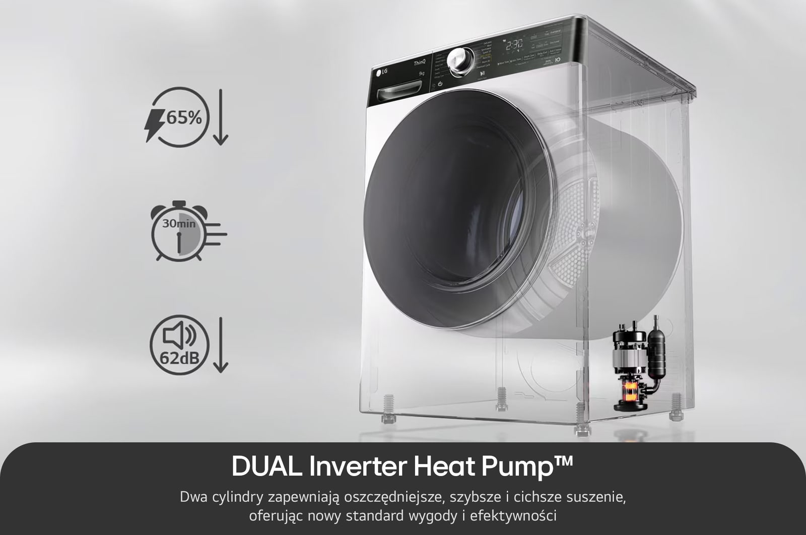 Technologia Dual Inverter Heat Pump w suszarce 9 kg LG RH90V9LV2N zapewniająca energooszczędne, szybkie i ciche suszenie.  🇬🇧 UK: Dual Inverter Heat Pump technology in LG 9kg Tumble Dryer RH90V9LV2N ensuring energy-efficient, fast, and quiet drying.