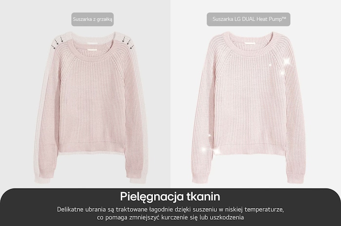 Pielęgnacja tkanin w suszarce LG RH90V9LV2N dzięki niskiej temperaturze suszenia, która zapobiega kurczeniu się ubrań.
